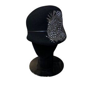 Vintage Ophelie Hats Black Wool Felt Cloche Feather Decoration Used and Box